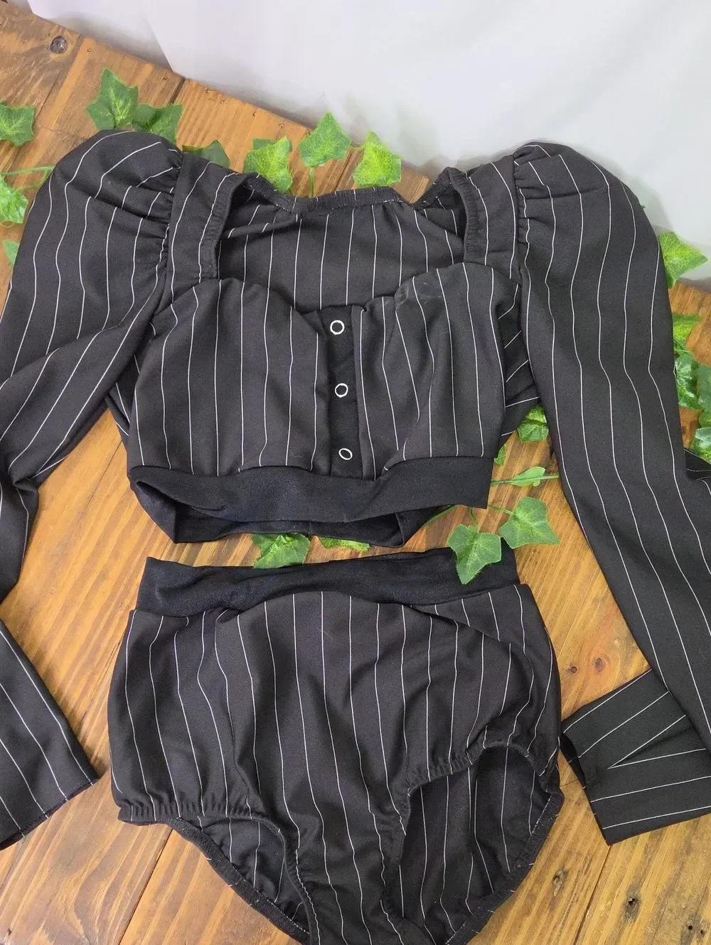 Kelle. Pinstripe Two-Piece Crop Top & High-Waist Bottoms. Dance Costume. LC. EUC